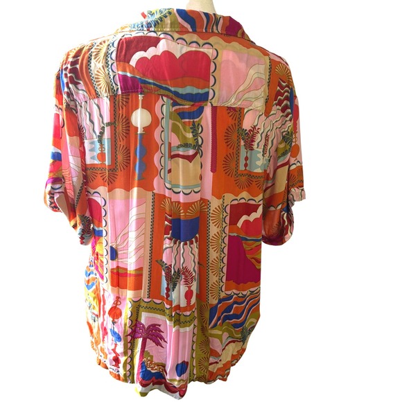 Maeve Anthropologie Bon Voyage Button Down‎ Short Sleeve Colorful Print Top Med - Picture 3 of 13